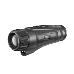 Side view of a long black rifle scope with objective lens on the left and eyepiece on the right.